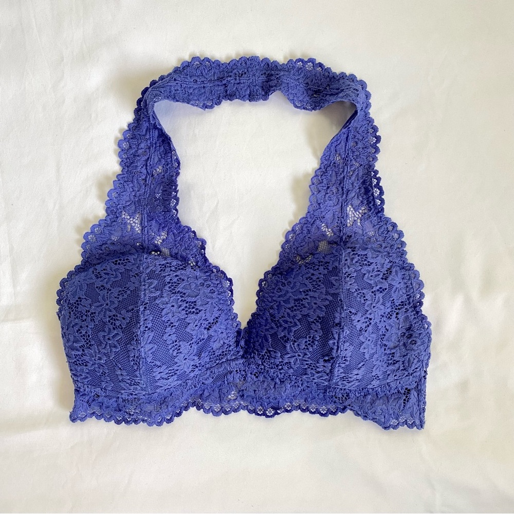 Beautiful Purple Flower Lace Halter Bralette, Size XL, Excellent Condition